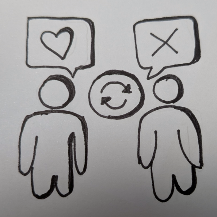 Zeichnung zweier Personen mit Herz- und X-Symbol sowie Kreispfeilen dazwischen