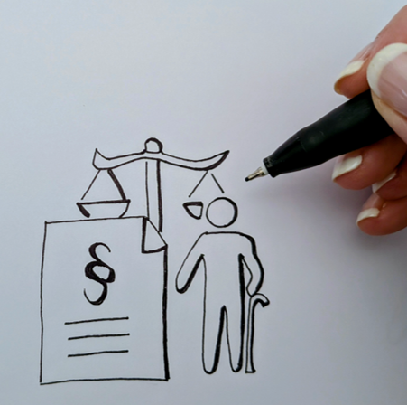 Zeichnung von Gesetzbuch, Waage und einer älteren Person mit Gehstock