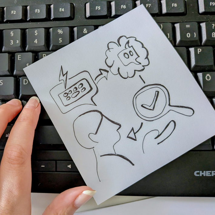 Zeichnung einer Person, die einen Fehler prüft und bewertet