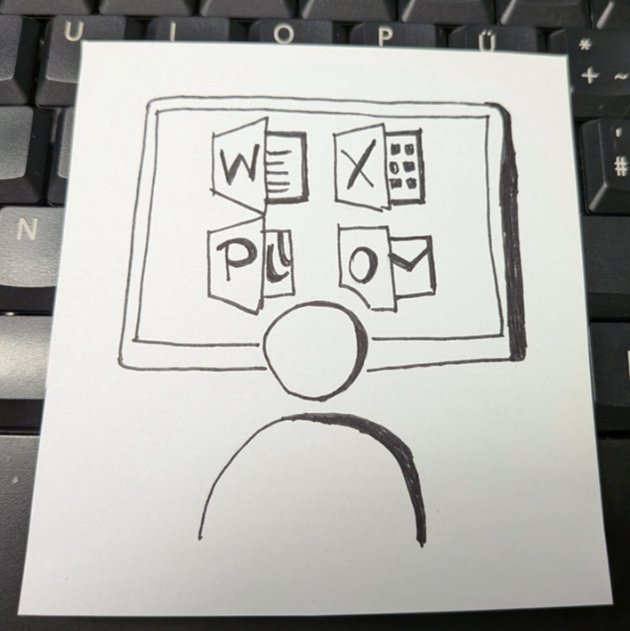 Zeichnung einer Person vor Bildschirm mit Office-Symbolen