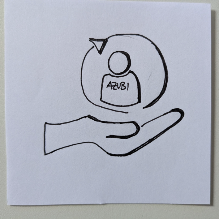 Zeichnung einer Hand, die eine Azubi-Symbolfigur im Kreis hält