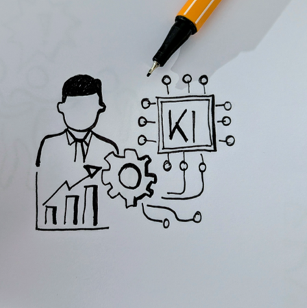 Zeichnung einer Führungskraft mit Diagramm, Zahnrad und KI-Chip