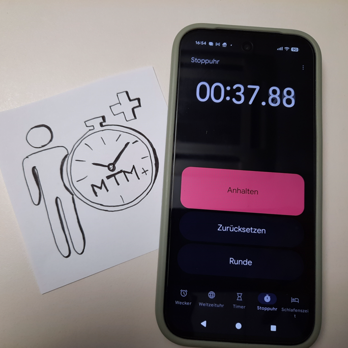 Zeichnung einer Person mit Stoppuhr MTM neben laufender Stoppuhr auf Smartphone