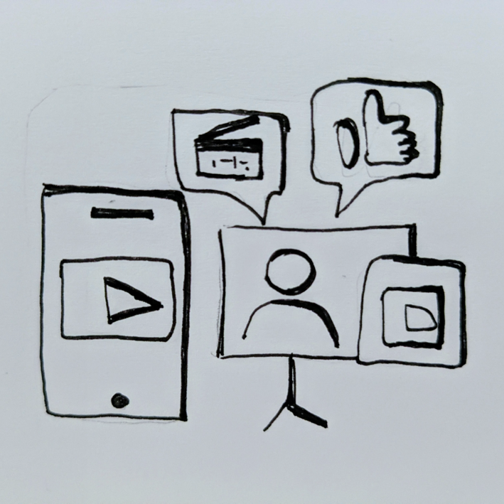 Zeichnung mit Smartphone, Videosymbolen und Feedback-Icons