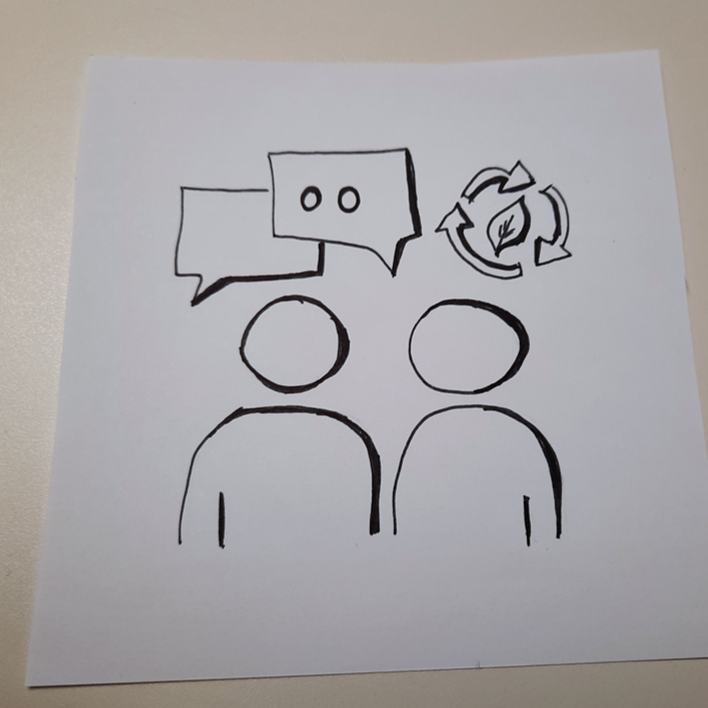 Zeichnung von zwei Personen mit Sprechblasen und Nachhaltigkeitssymbol