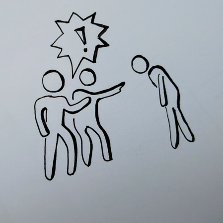 Zeichnung zweier Personen, die eine dritte Person bedrängen oder mobben