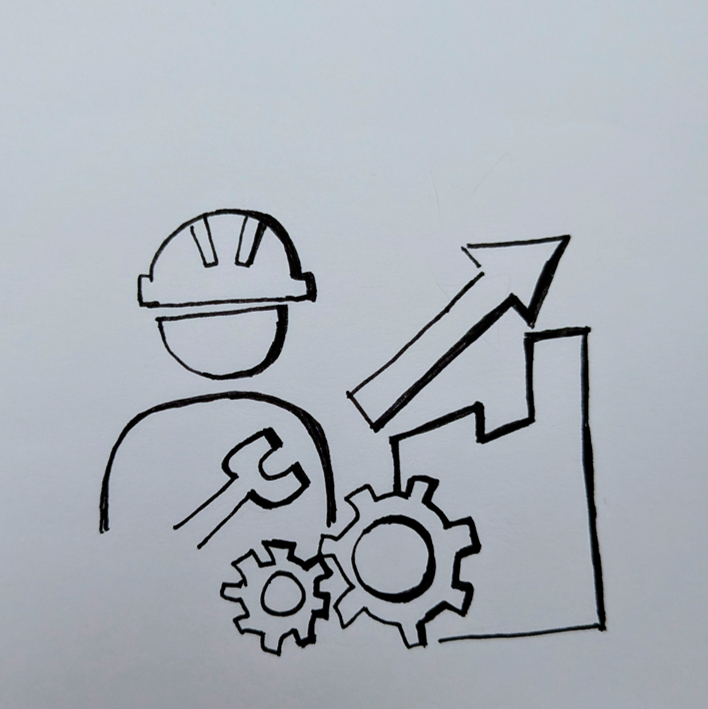 Zeichnung eines Arbeiters mit Werkzeug, Zahnrädern und wachsendem Produktionspfeil