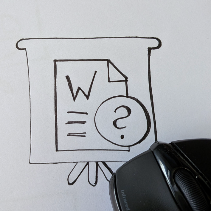 Zeichnung eines Dokuments mit W und Fragezeichen auf Präsentationstafel